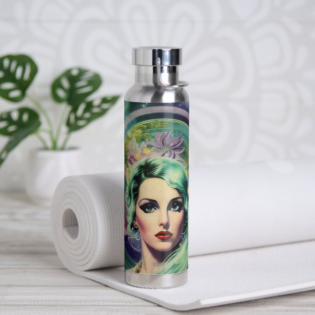 Schöne Lavender & Green Retro Style Space Frau Trinkflasche (Yoga)