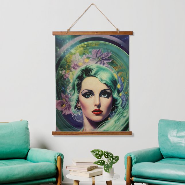 Schöne Lavender & Green Retro Style Space Frau Wandteppich Mit Holzrahmen (Wohnzimmer)