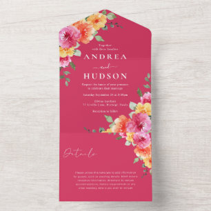Schöne lebendige rosa Blumenhochzeit All In One Einladung