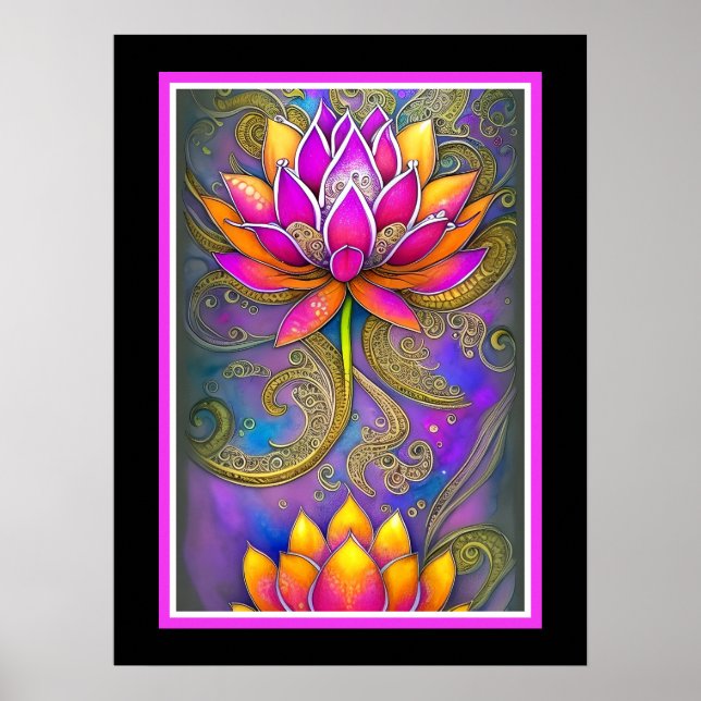 Schöne, lebhafte Rosa Verzierte Lotus-Blume Poster (Vorne)