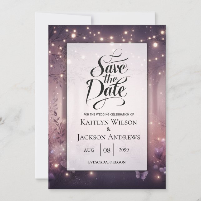 Schöne Lichter in Woodland glühende Hochzeit Save The Date (Vorderseite)