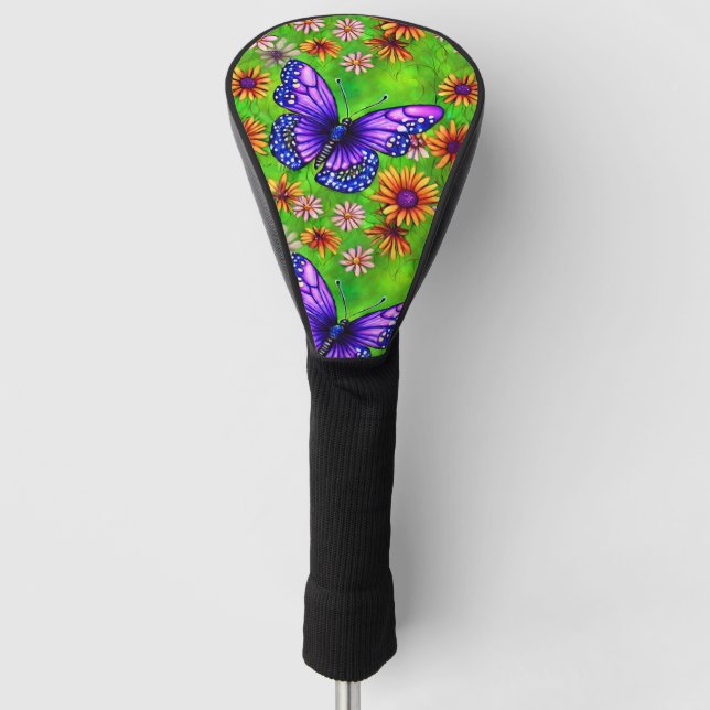 Schöne Lila Butterfly Blume Wiese Golf Headcover (Vorderseite)