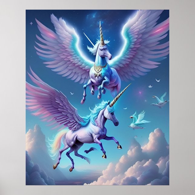 Schöne Lila Einhornfliege Pferde Wolken Himmel Poster (Vorne)