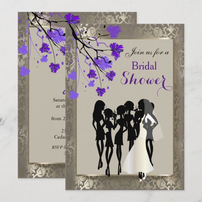 Schöne Lila Flora und Antiquitäten SilberDamast Einladung (Vorne/Hinten)