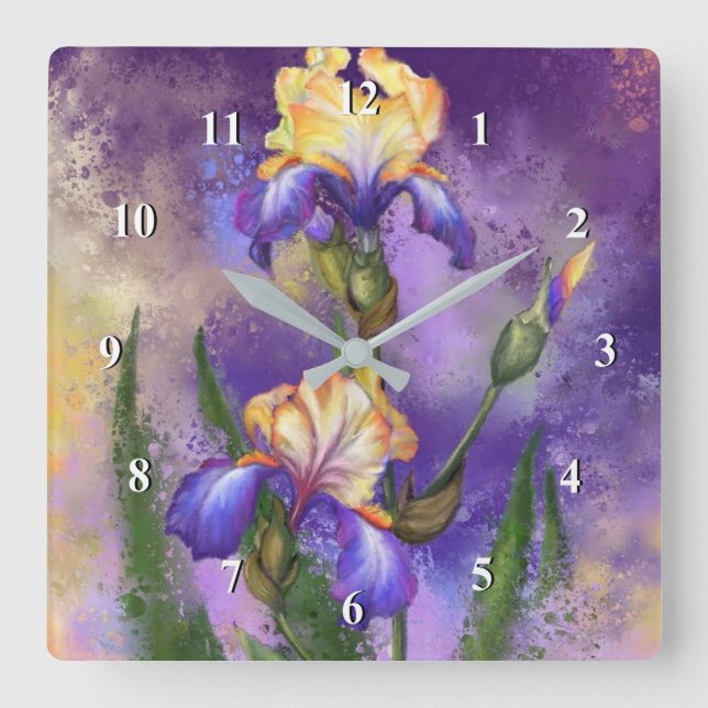 Schöne Lila Iris Blume Malerei Quadratische Wanduhr (Vorderseite)