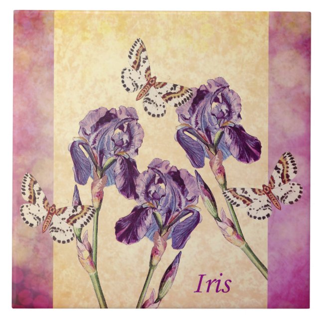 Schöne lila Iris-Blumen und Schmetterling Fliese (Vorderseite)