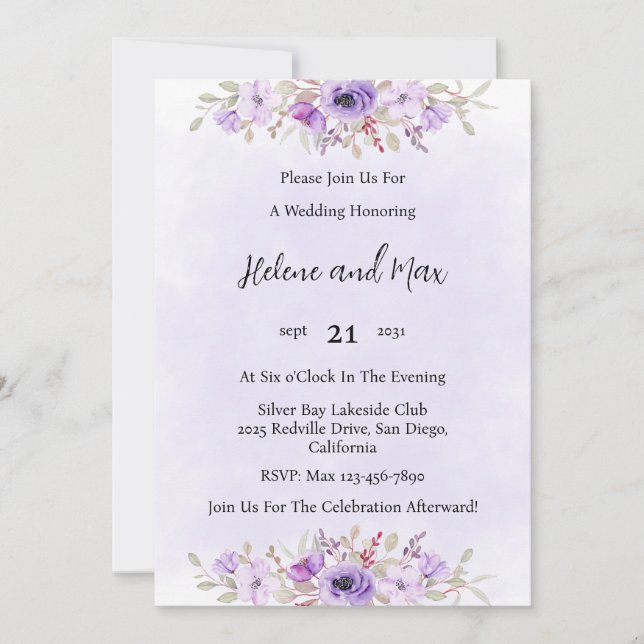 Schöne Lila Minimalistische Blumenhochzeit Einladung (Vorderseite)