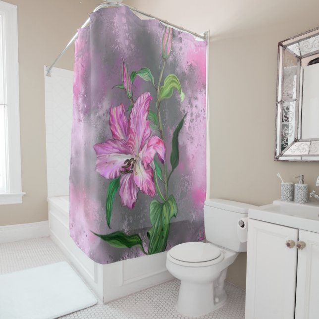 Schöne Lila Pink Lily Blume Migned Malerei Duschvorhang (Beispiel)