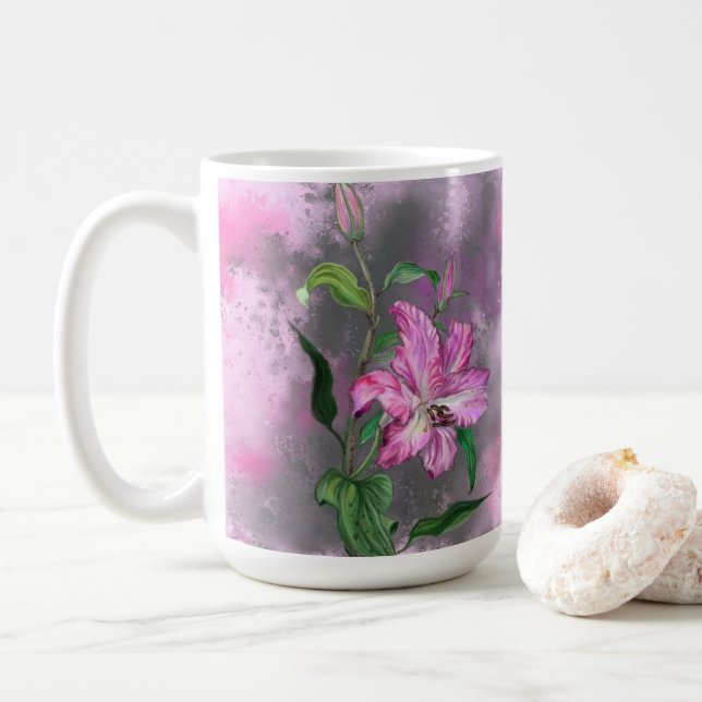 Schöne Lila Pink Lily Blume Migned Malerei Kaffeetasse (Mit Donut)