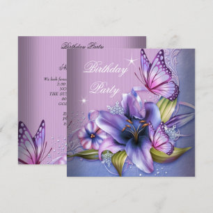 Schöne lila rosa Schmetterlings-Blumen Geburtstag Einladung