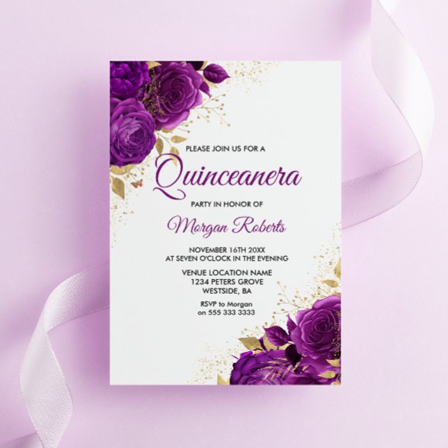 Schöne Lila Rose Gold Leaf Quinceanera Einladung (Von Creator hochgeladen)
