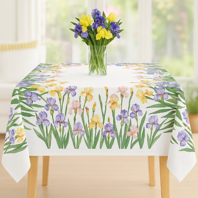 Schöne Lila und gelbe Ire / Frühjahrswoche Blume Tischdecke (Elegant watercolor iris tablecloth with edge-border design in purple, yellow, flower blooms)