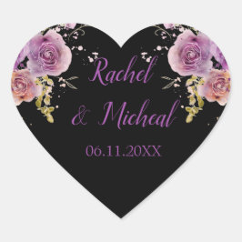 Schöne Lila und schwarze Wasserfarben-Hochzeit Herz-Aufkleber