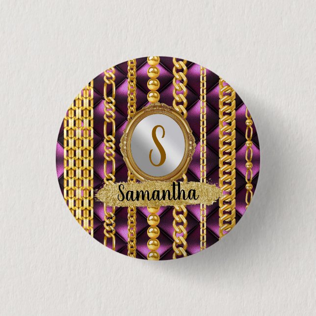 Schöne Lila Velvet Gold Monogram Elegante Chic Button (Vorderseite)