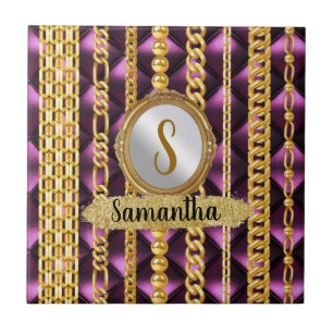 Schöne Lila Velvet Gold Monogram Elegante Chic Fliese