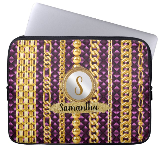 Schöne Lila Velvet Gold Monogram Elegante Chic Laptopschutzhülle (Vorderseite)