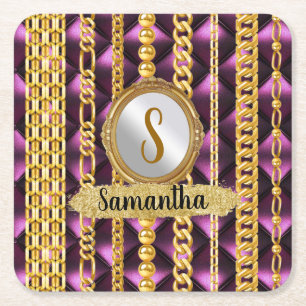 Schöne Lila Velvet Gold Monogram Elegante Chic Rechteckiger Pappuntersetzer