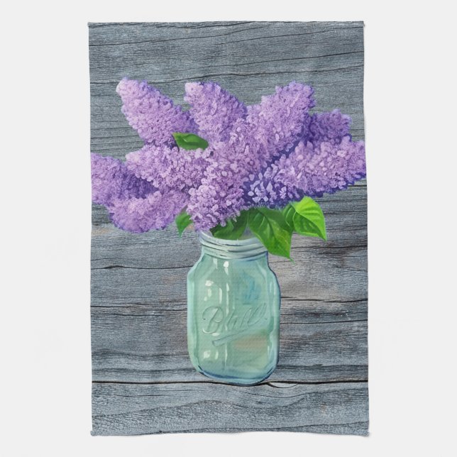 Schöne Lilacs im rustikalen Mason Jar Geschirrtuch (Vertikal)