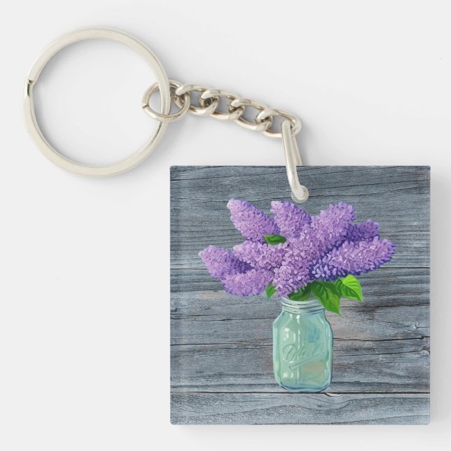 Schöne Lilacs im rustikalen Mason Jar Schlüsselanhänger (Vorderseite)