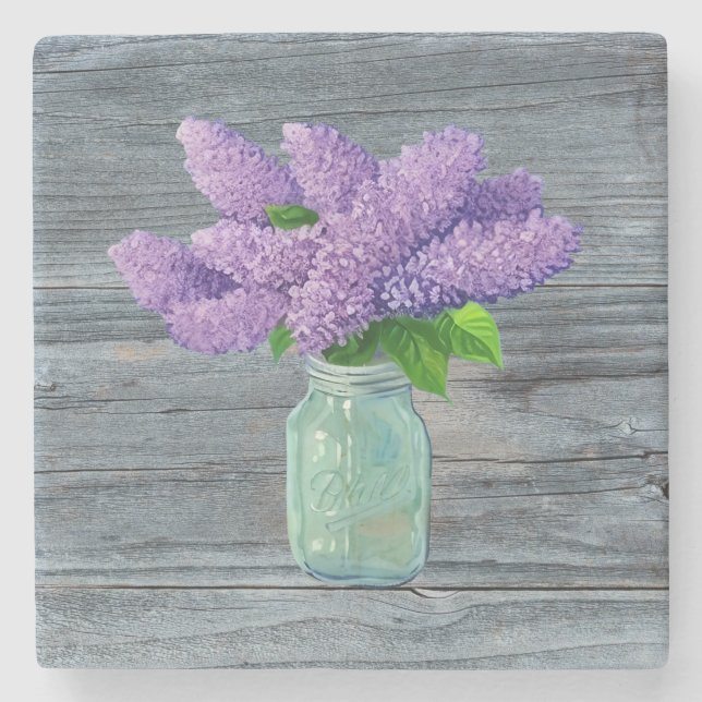Schöne Lilacs im rustikalen Mason Jar Steinuntersetzer (Vorderseite)