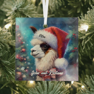Schöne Llama in einer Weihnachtsmannmütze Ornament Aus Glas