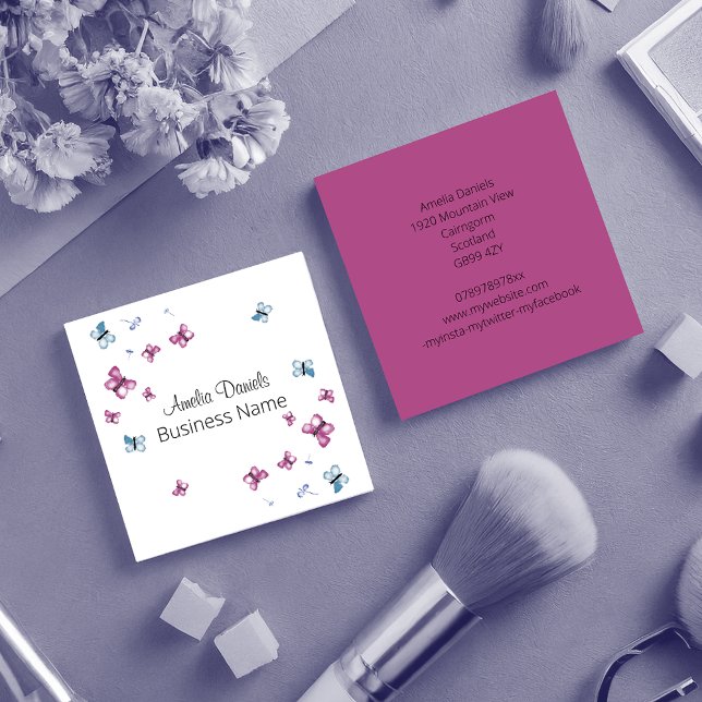 Schöne Magenta Rosa und Blauer Schmetterlingsplatz Quadratische Visitenkarte (Von Creator hochgeladen)