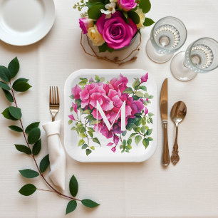 Schöne Magenta Wilde Rose Mit Monogramm Pappteller