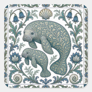 Schöne Manatee-Mutter Und Baby Vintage Ornament Quadratischer Aufkleber