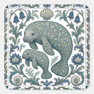 Schöne Manatee-Mutter Und Baby Vintage Ornament Quadratischer Aufkleber