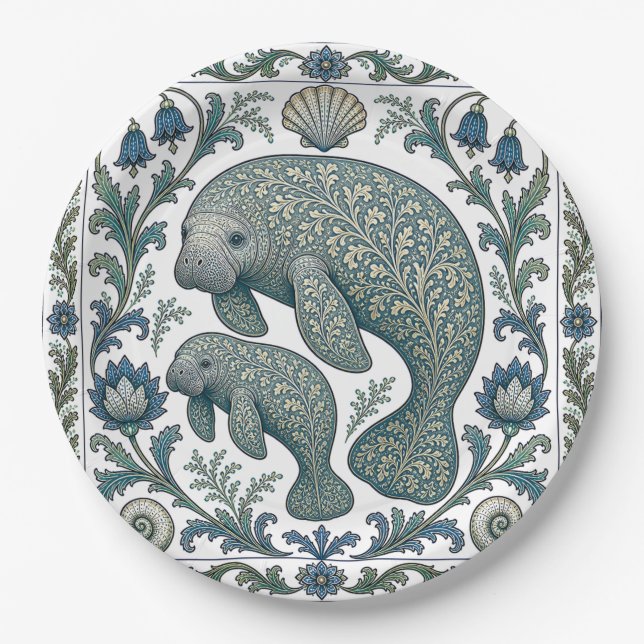 Schöne Manatee-Mutter Und Baby Vintage Verziert Pappteller (Vorderseite)