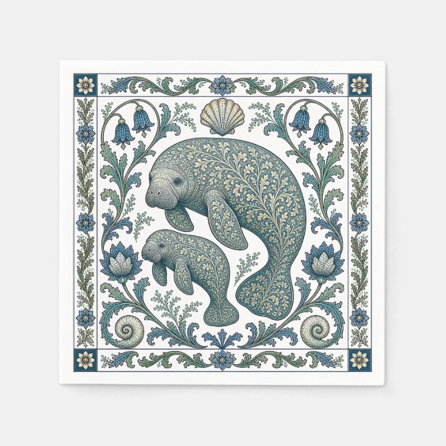 Schöne Manatee-Mutter Und Baby Vintage Verziert Serviette (Vorderseite)