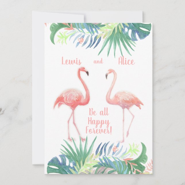 Schöne Märchen für zwei Flamingo Tropical Blume Einladung (Vorderseite)