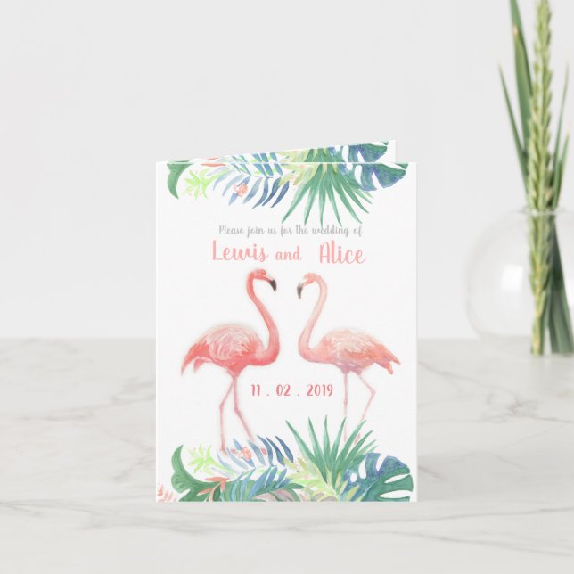 Schöne Märchen für zwei Flamingo Tropical Blume Einladung (Vorderseite)