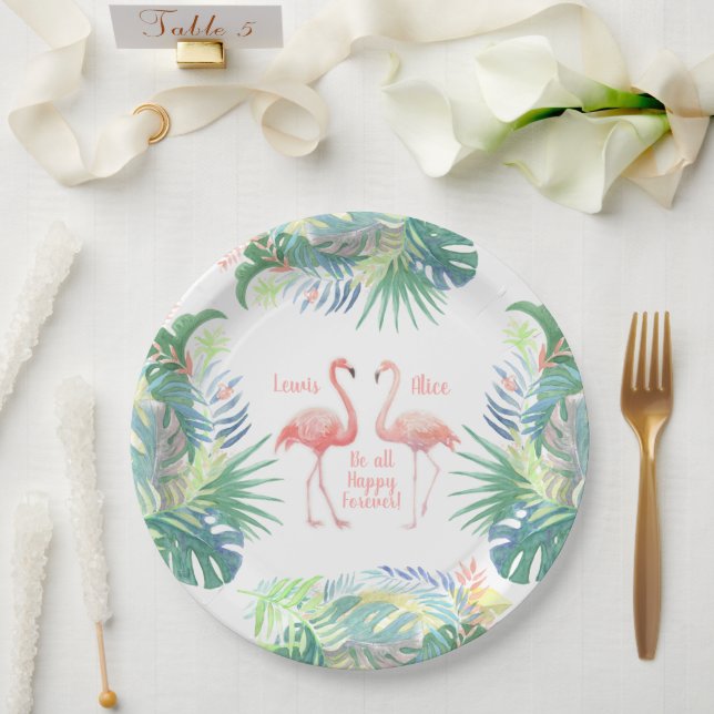 Schöne Märchen für zwei Flamingo Tropical Blume Pappteller (Hochzeit)