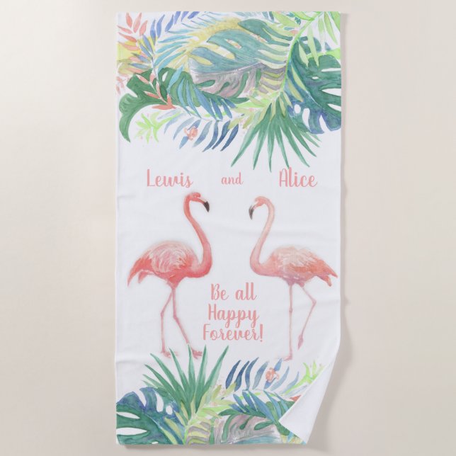 Schöne Märchen für zwei Flamingo Tropical Blume Strandtuch (Vorderseite)