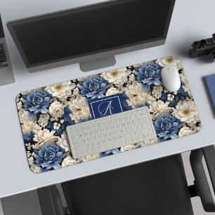 Schöne marineblaue Blumen personalisierte Blumen-D Schreibtischunterlage