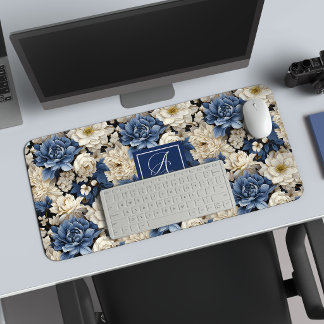 Schöne marineblaue Blumen personalisierte Blumen-D Schreibtischunterlage