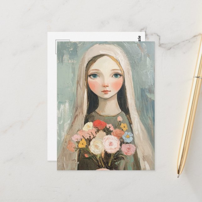 Schöne Mary mit Blumen Postkarte (Vorderseite/Rückseite Beispiel)