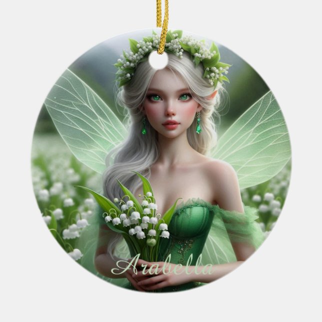 Schöne May Fairy in Lilies of the Valley Keramik Ornament (Vorne)