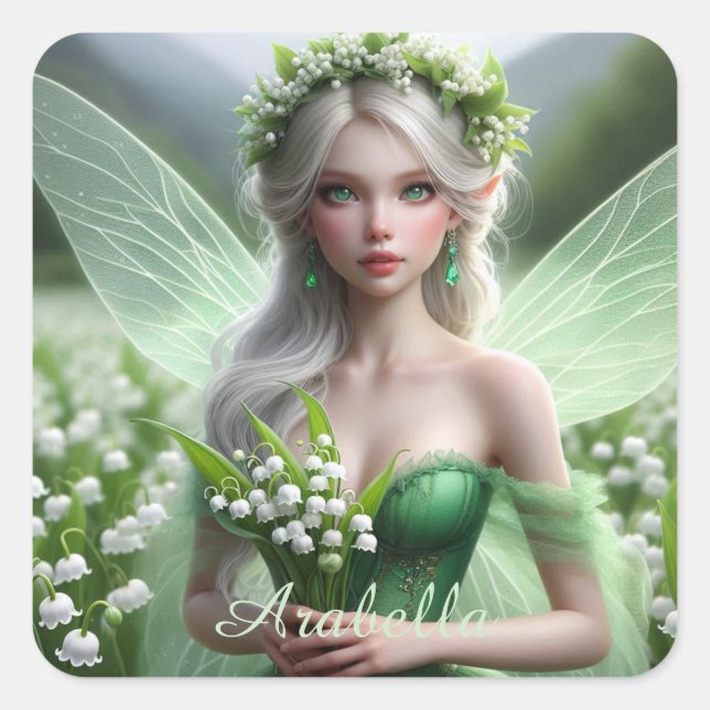 Schöne May Fairy in Lilies of the Valley Quadratischer Aufkleber (Vorderseite)