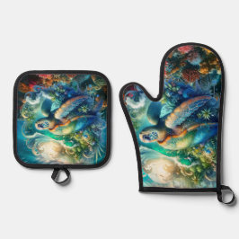 Schöne Meeresschildkröte gequiltet Ofenhandschuh & Topflappen-Set