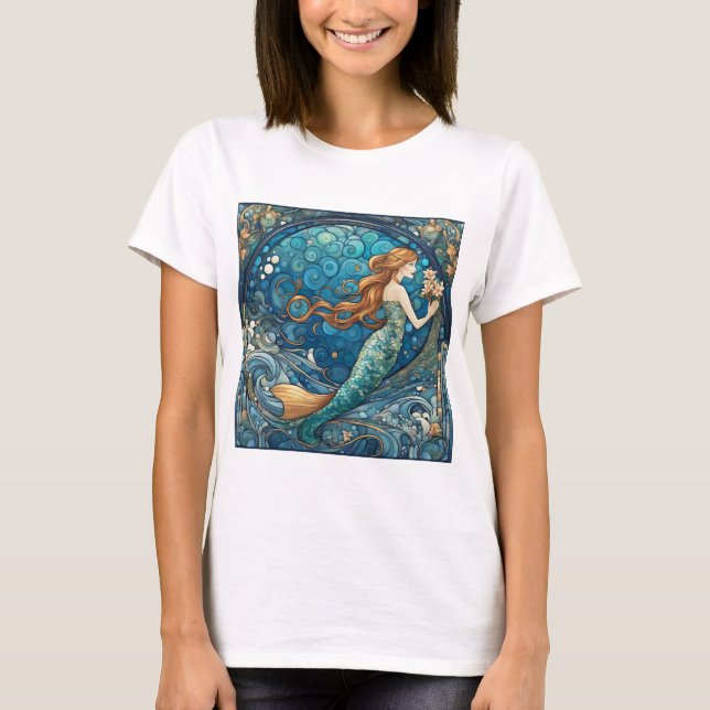 Schöne Meerjungfrau Art Deco Stil Blau T-Shirt (Vorderseite)