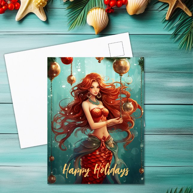 Schöne Meerjungfrau Happy Holidays Weihnachten (Beautiful Mermaid Happy Holidays Christmas Holiday Postcard)