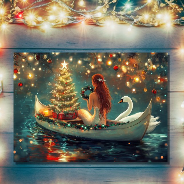 Schöne Meerjungfrau mit Swan Weihnachten (Front - Beautiful Mermaid with Swan Christmas Holiday Card)