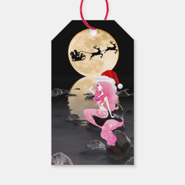 Schöne Meerjungfrau mit Weihnachtsmannmütze Frohe  Geschenkanhänger (Vorderseite)