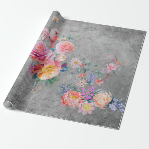 Schöne mehrfarbige Blumen und Vögel auf Beton Geschenkpapier
