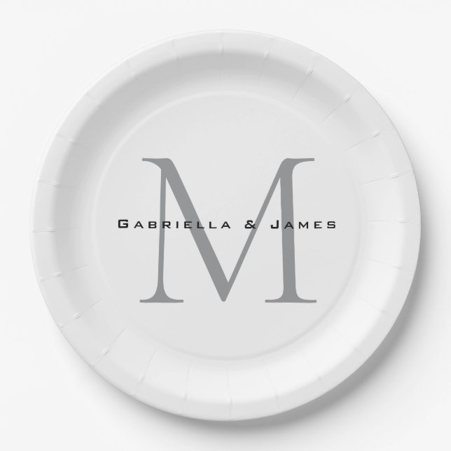 Schöne Mit Monogramm Schwarz-weiße Graukalligraphi Pappteller (Vorderseite)
