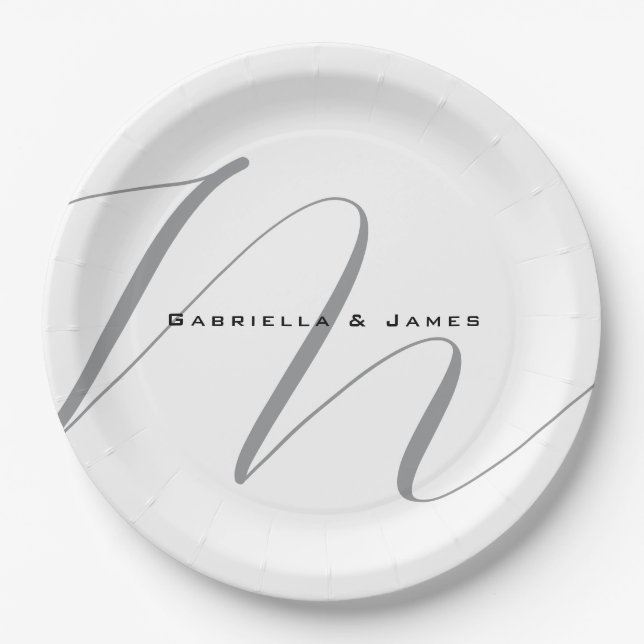 Schöne Mit Monogramm Schwarz-weiße Graukalligraphi Pappteller (Vorderseite)