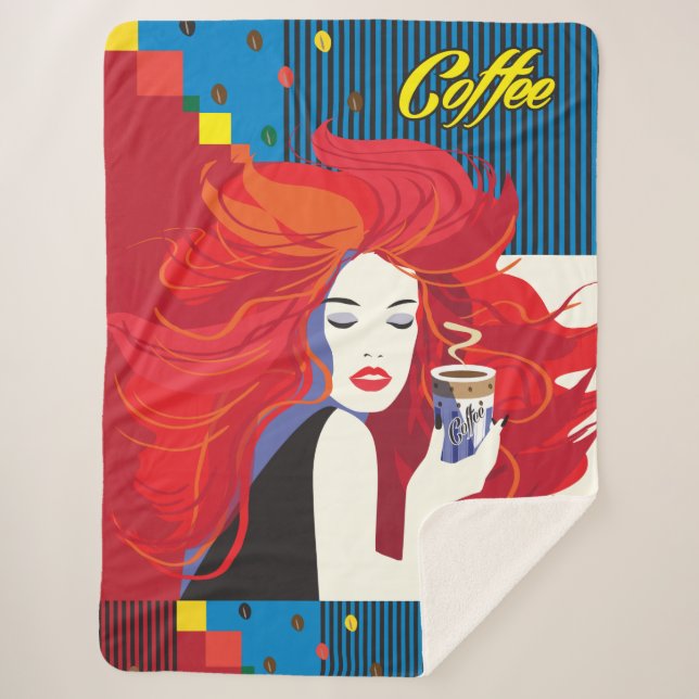 Schöne Mode-Frau mit Kaffeetasse modern Sherpadecke (Vorderseite)