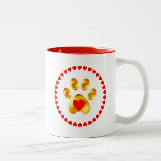 Schöne Moderne goldene Paw & Red Hearts Zweifarbige Tasse (Rechts)